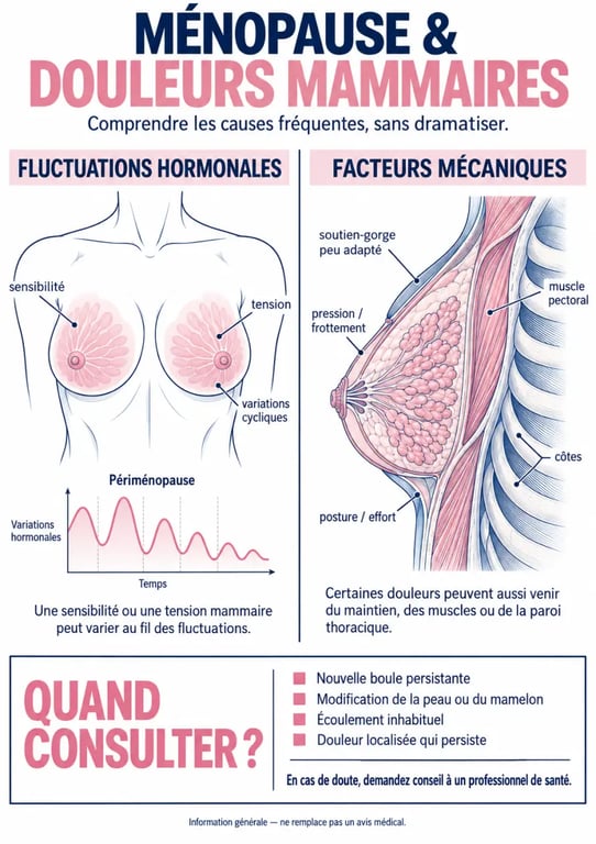 Infographie sur la ménopause et les douleurs mammaires, causes possibles et signes nécessitant une consultation