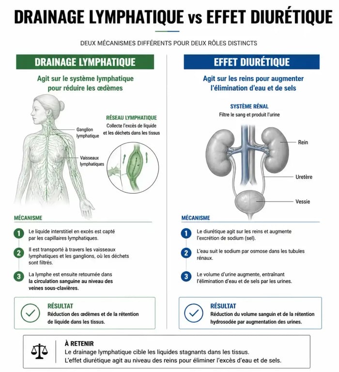 Infographie explicative sur le meilleur complément alimentaire drainage lymphatique et la différence avec les diurétiques.
