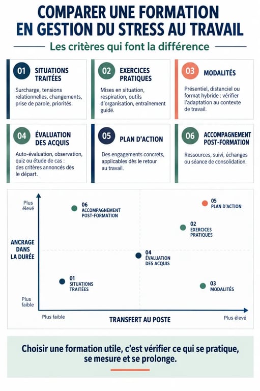 Infographie des critères pour choisir une formation gestion de stress au travail