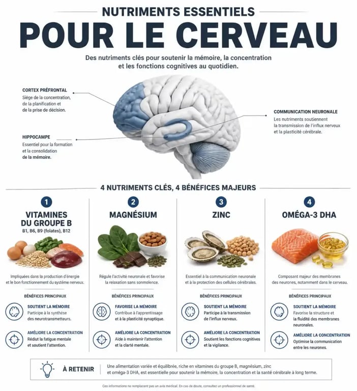 Infographie des nutriments essentiels et compléments alimentaires pour le cerveau