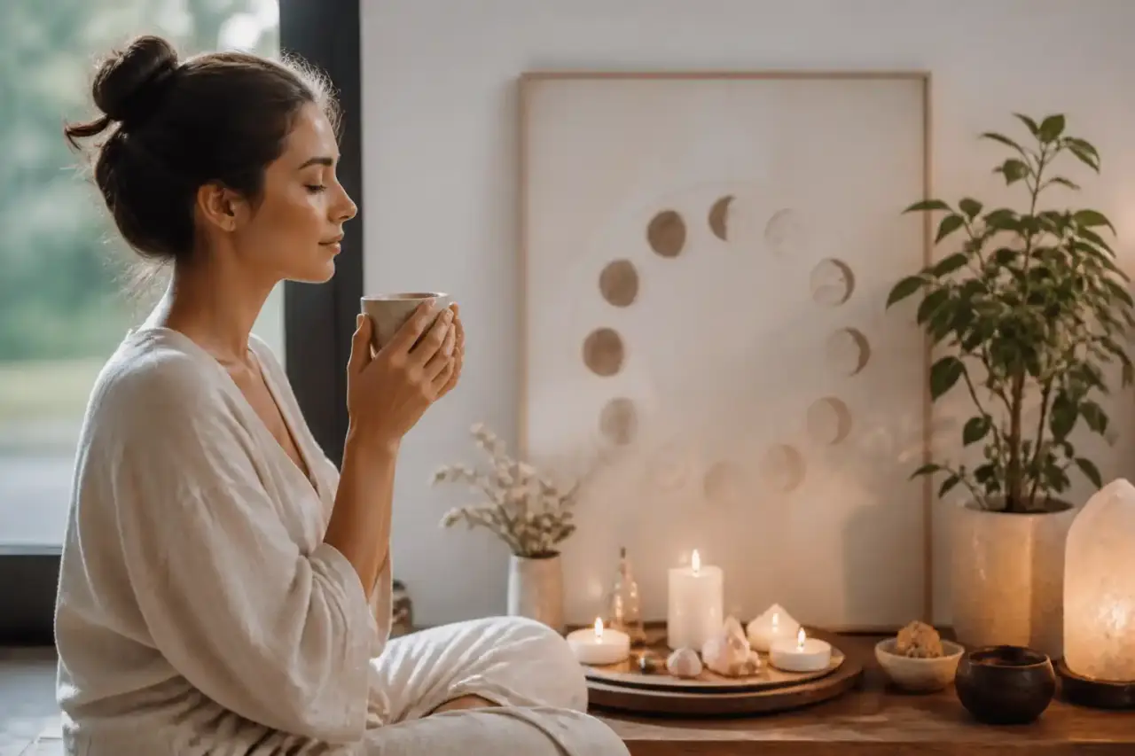 Composition minimaliste de rituels bien-être avec lumière douce et matières naturelles