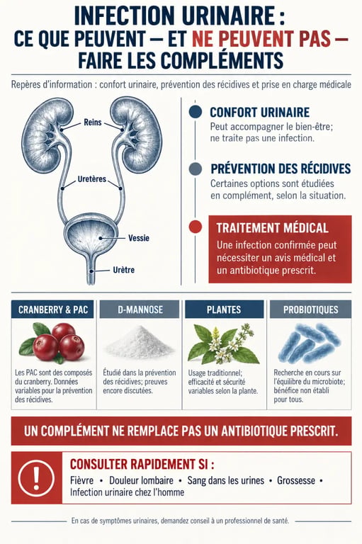 Infographie sur le complément alimentaire pour infection urinaire, les actifs, la prévention et les signes d’alerte