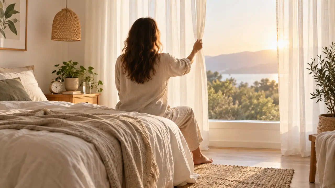 Chambre lumineuse et paisible au réveil, avec une lumière naturelle douce