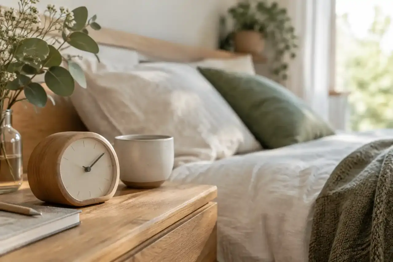 Réveil analogique posé sur une table de nuit dans une chambre douce et minimaliste
