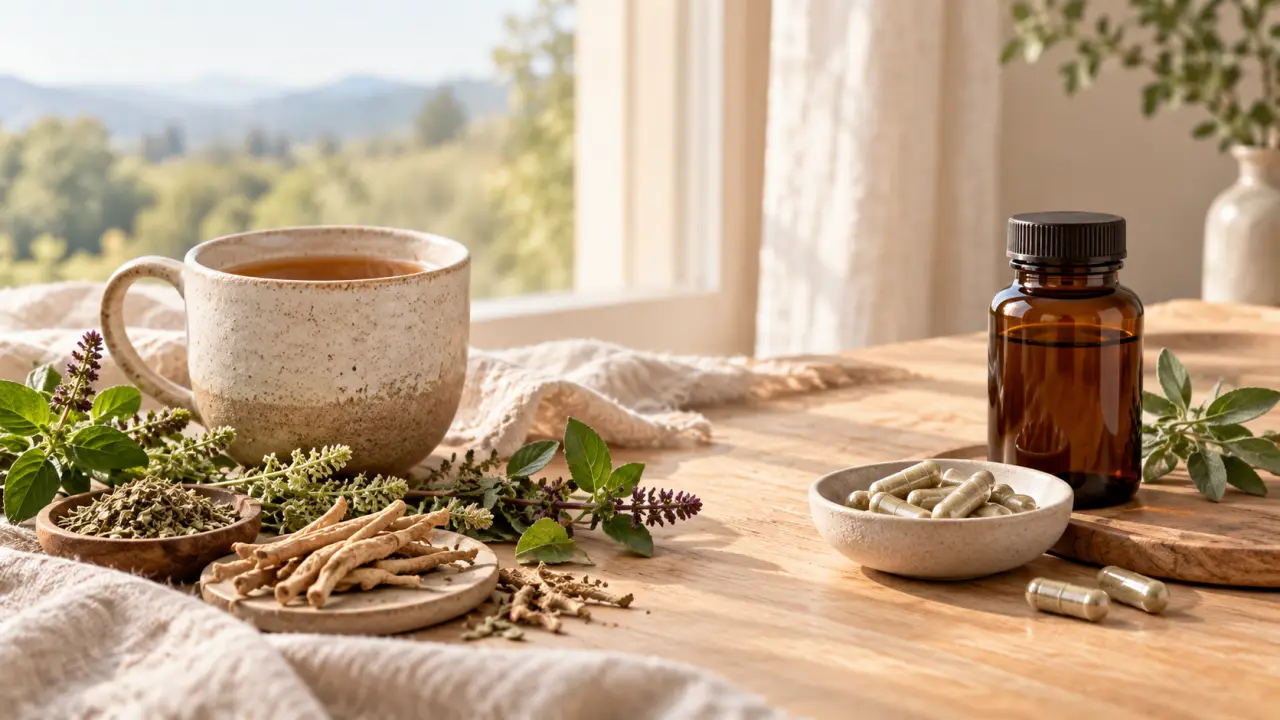 Herbes séchées et bol de céramique dans une lumière douce, pour évoquer les rituels autour des adaptogènes