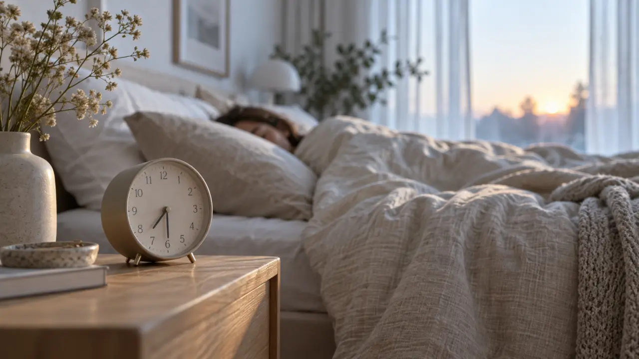 Chambre douce et minimaliste évoquant un réveil naturel et un sommeil réparateur