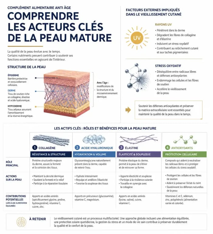 Complément alimentaire anti age : rôle du collagène, de l’acide hyaluronique, de l’élastine et des antioxydants