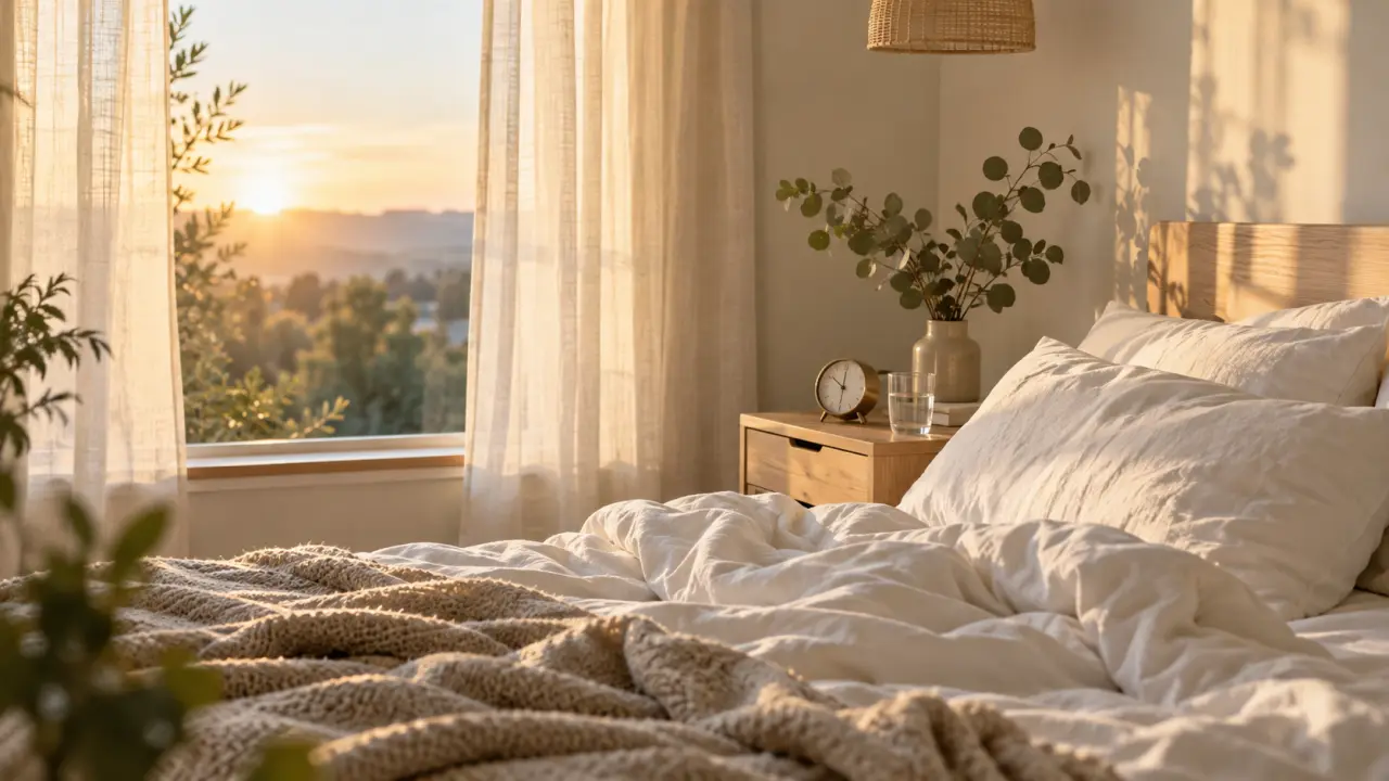 Lumière naturelle du matin dans une chambre calme, évocation du rythme circadien