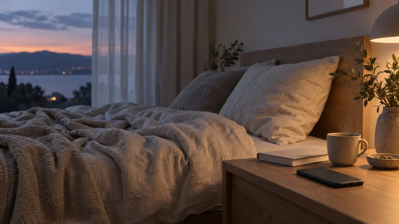 Chambre minimaliste aux teintes naturelles, propice à une soirée calme et à un sommeil réparateur