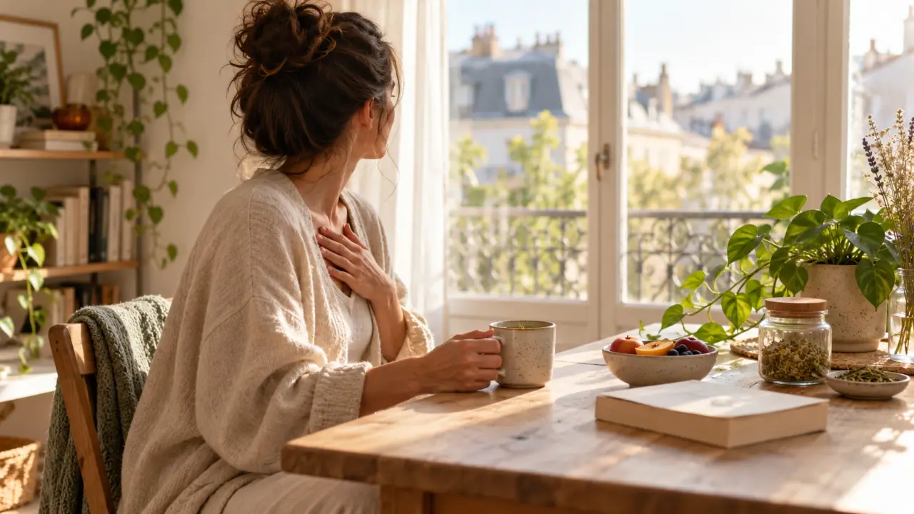 Herbes séchées, bol en céramique et lumière naturelle dans une ambiance douce et minimaliste