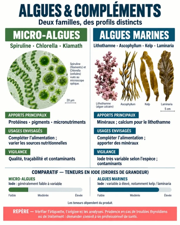 Infographie comparative des algues compléments alimentaires : spiruline, chlorella, lithothamne et algues riches en iode