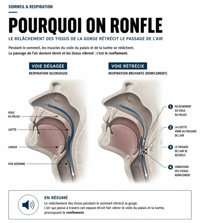 Schéma du mécanisme du ronflement et huiles essentielles pour agir dessus