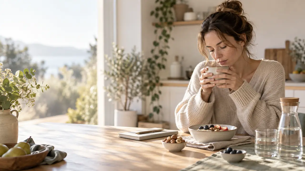 Bol en céramique et aliments simples dans une ambiance naturelle et apaisante