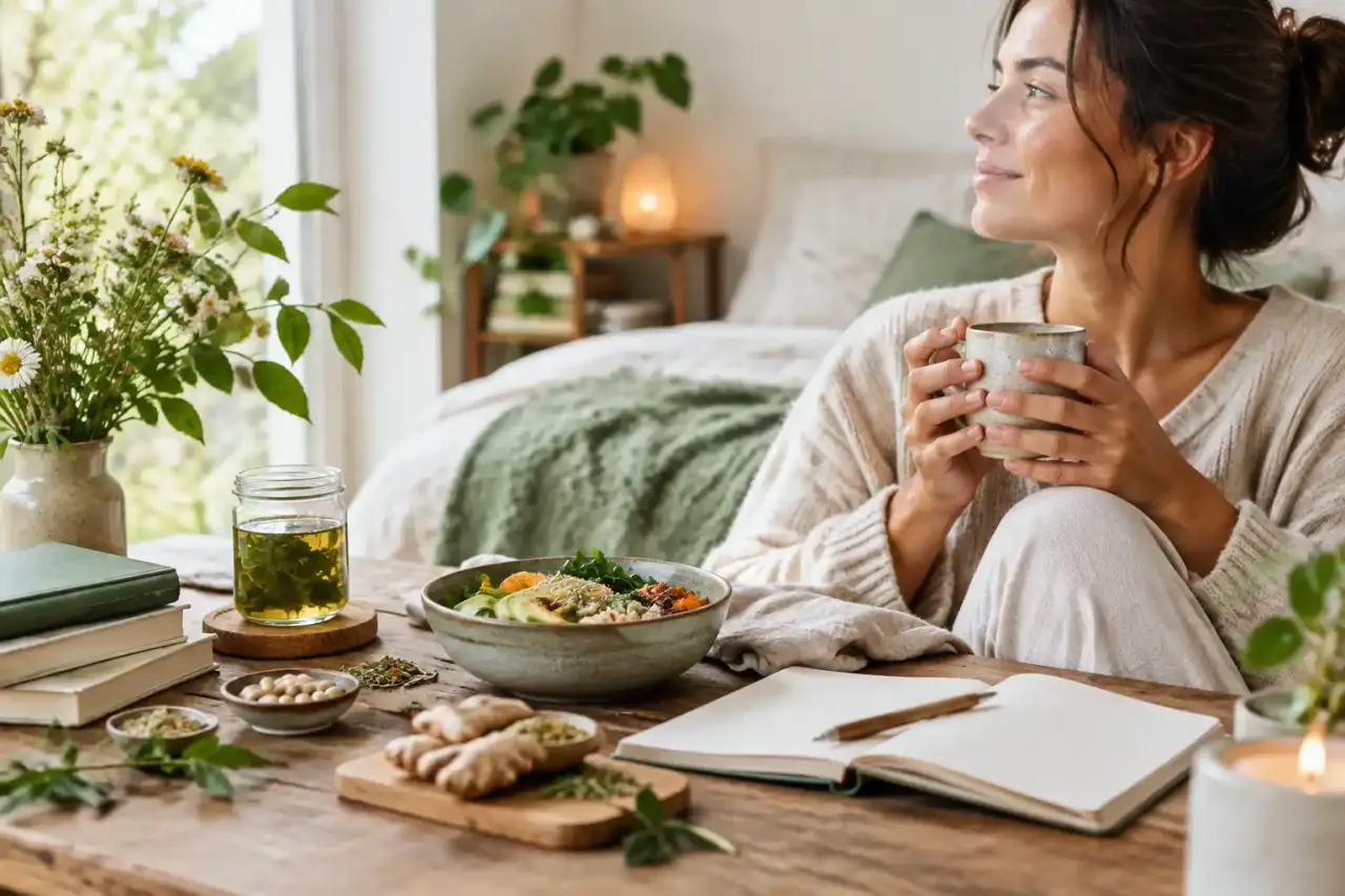 Atmosphère sereine et épurée, tasses de tisane et herbes séchées sur table en bois