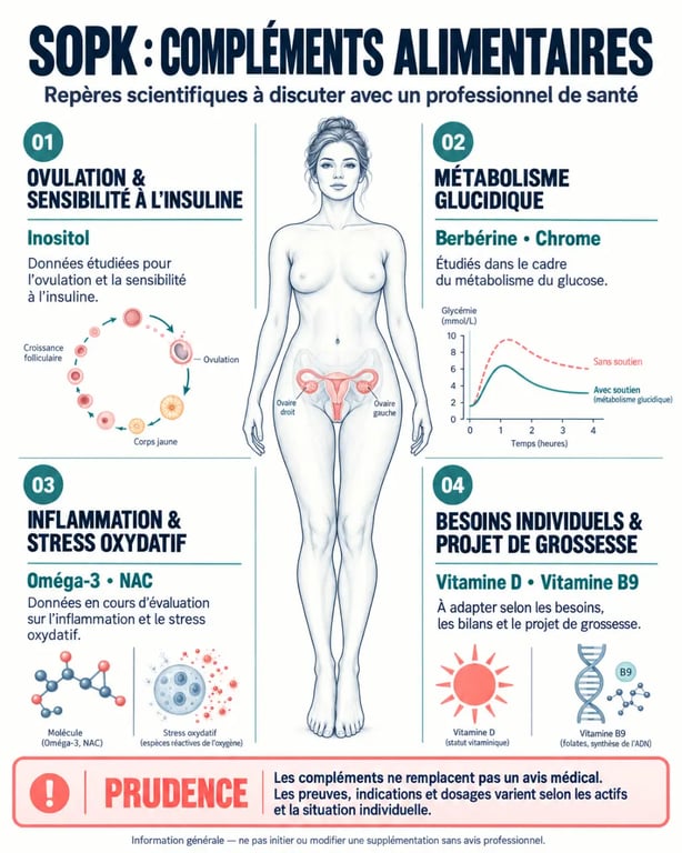 Infographie sur les compléments alimentaires SOPK selon les objectifs et les précautions