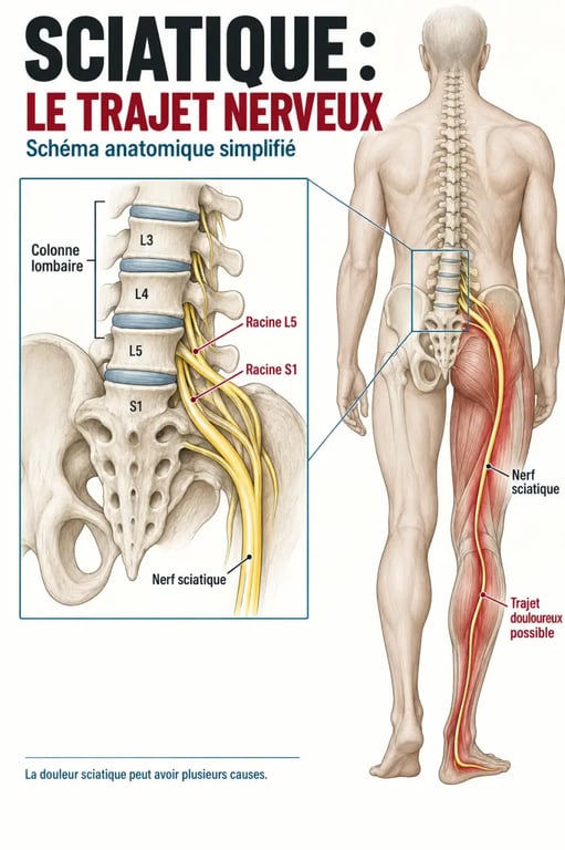 Schéma anatomique de la sciatique et du trajet des racines L5 et S1