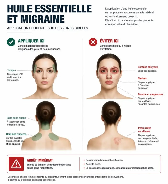 Huile essentielle migraine : zones d'application prudentes sur les tempes et la nuque