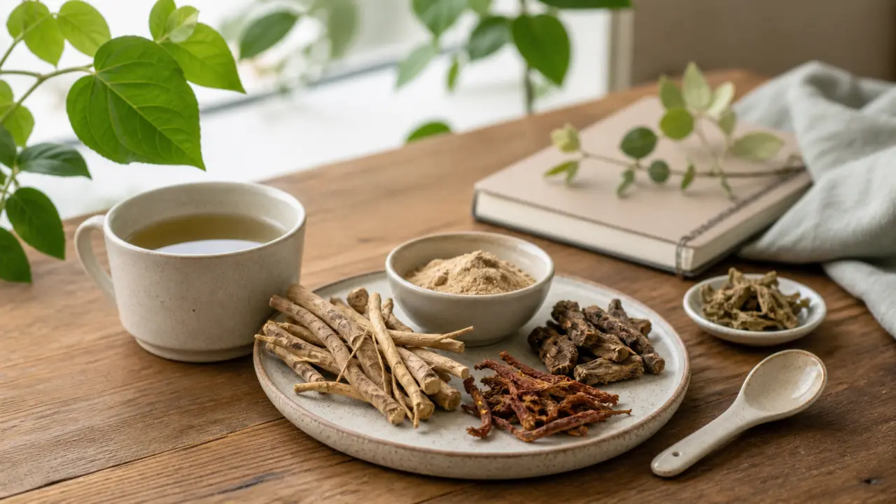 Composition minimaliste autour des plantes adaptogènes dans une ambiance douce et naturelle