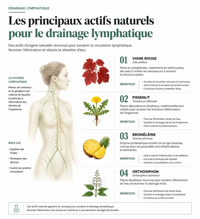 Principaux actifs naturels pour le meilleur complément alimentaire drainage lymphatique.