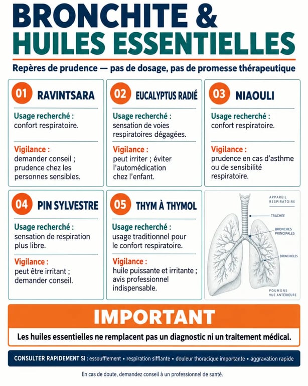 Infographie sur la bronchite et les huiles essentielles avec usages et précautions
