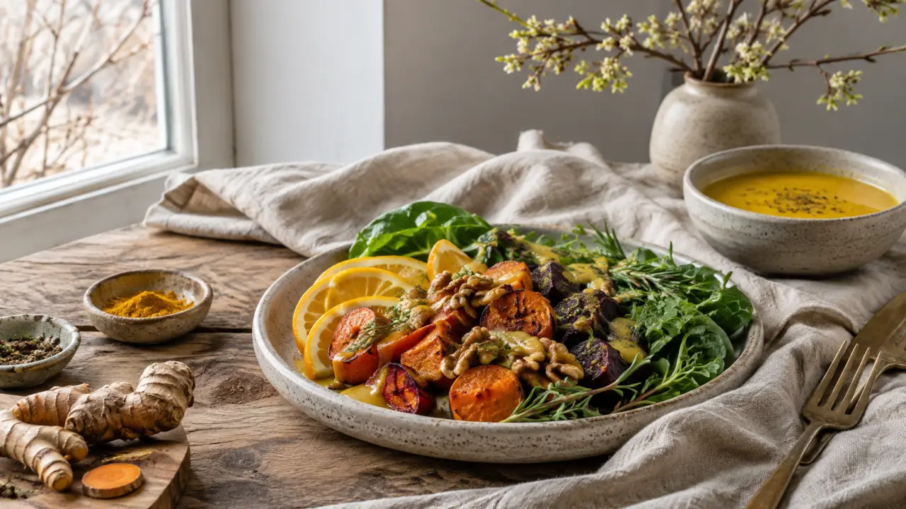 Composition minimaliste de fin d'hiver avec des aliments de saison, une lumière douce et des tons naturels