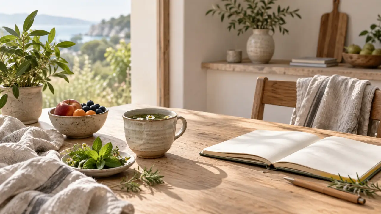 Herbes séchées, bol en céramique et lumière douce pour une routine bien-être naturelle