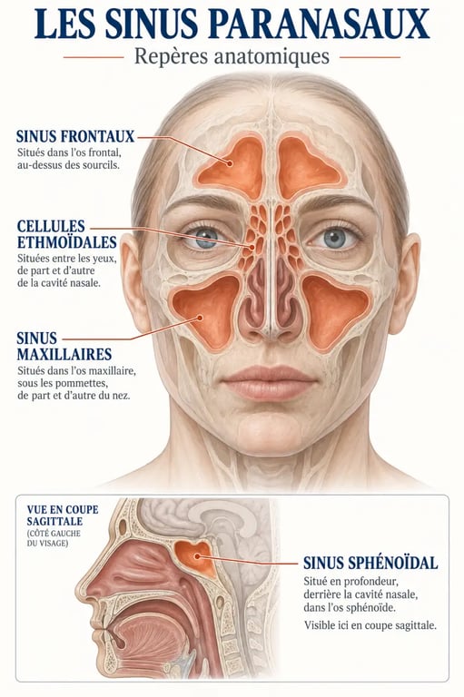 Schéma des sinus pour comprendre le traitement naturel pour la sinusite et les zones de pression faciale