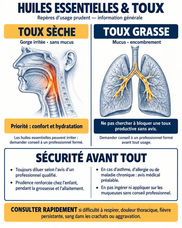 Huiles essentielles pour la toux : différences entre toux sèche et toux grasse et principales précautions
