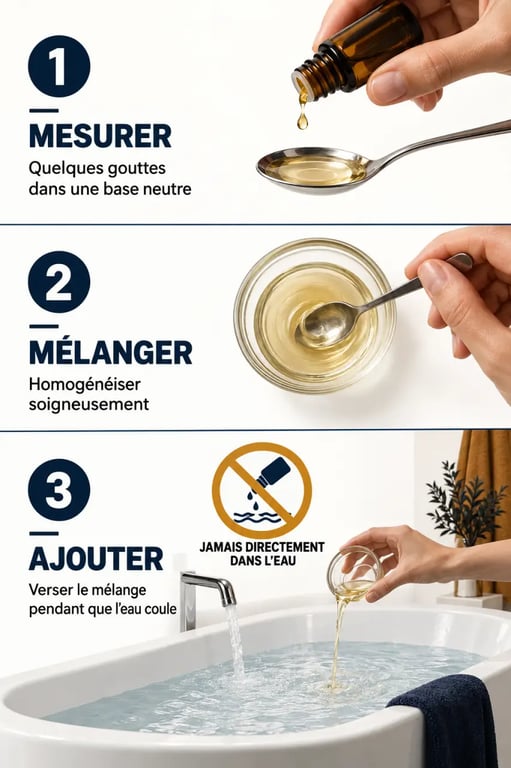 Préparation sécurisée d’un bain avec une huile essentielle pour le bain et une base neutre