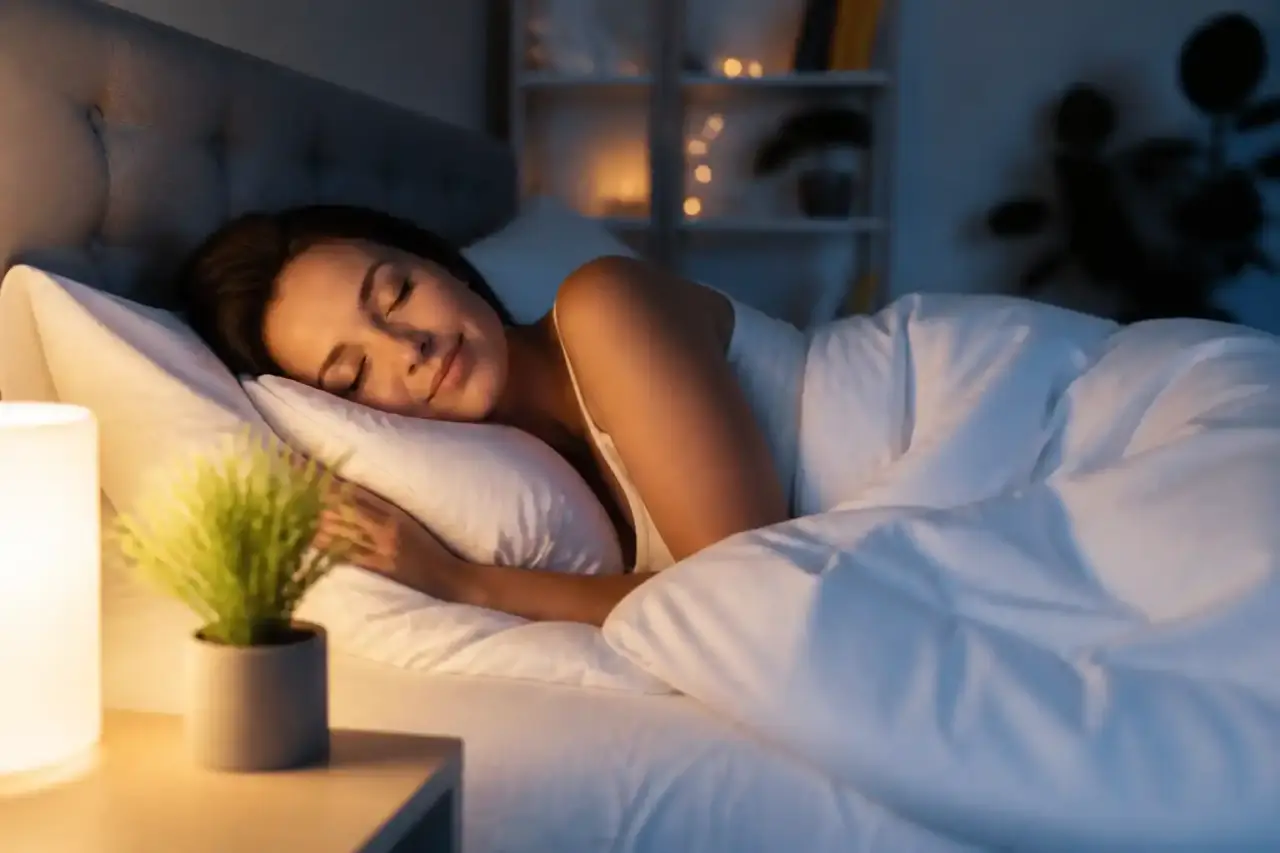 Composition minimaliste autour du sommeil réparateur, herbes séchées et lumière douce