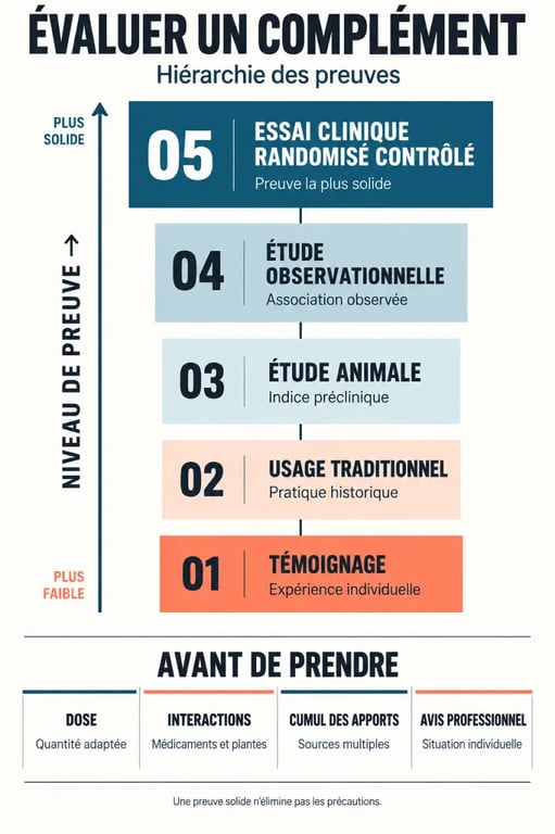 Avis compléments alimentaires : hiérarchie des preuves et vérifications avant la prise