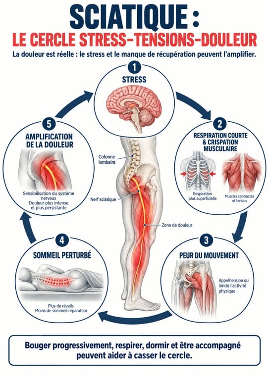 Illustration du cercle entre sciatique, stress, tensions musculaires et douleur