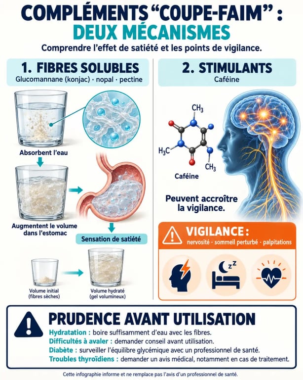 Infographie sur le complément alimentaire coupe-faim, les fibres du konjac et les précautions d’utilisation